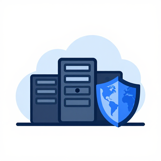 flat vector 2D illustration of a cloud server infrastructure with security shield and globe, minimalist, solid matte colors, empty negative space, isolated on transparent background